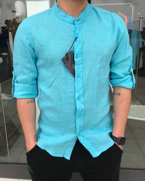 Camicia 100% lino celeste