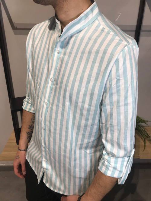 Camicia 100% lino bianca righe azzurre