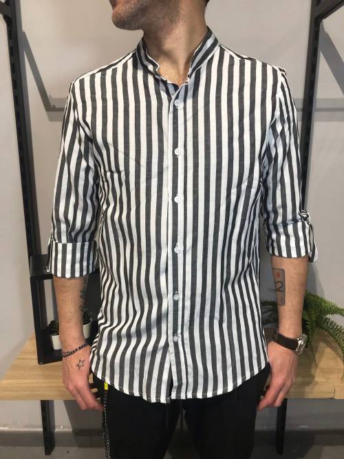 Camicia 100% lino bianca righe nere